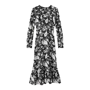 朱珠同款黑色碎花圆领长袖连衣裙女气质收腰显瘦中长款法式茶歇裙