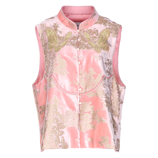 花木深新中式刺绣马甲叠穿对襟立领坎肩背心女新款国风桑蚕丝马夹