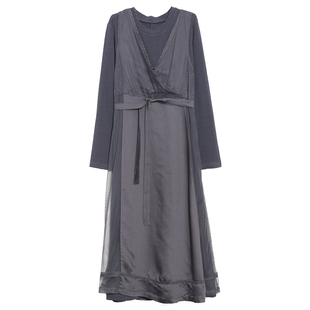 inkday日系轻复古两件套长袖连衣裙女 百搭欧根纱罩裙打底裙秋冬