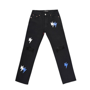 老白同款/Amexnocap破洞闪电牛弹力修身蓝白贴皮高盎司牛仔裤