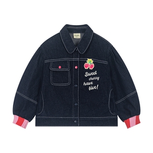 马拉丁儿童外套26春装新款女小童弹力甜美娃娃袖锁色牛仔外套