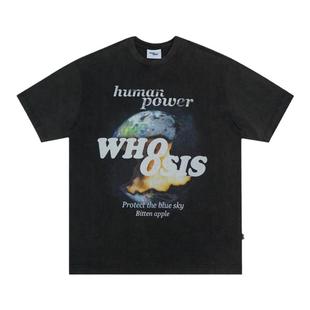 WHOOSIS（不知其名）缺失地球水洗短袖t恤复古街头嘻哈国潮男情侣