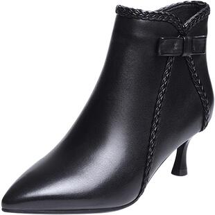 2025新款秋冬气质女鞋女士尖头小跟短靴细跟高跟鞋踝靴中跟真皮鞋