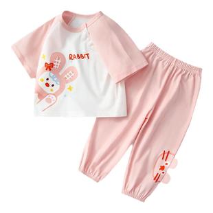 夏季女童套装宝宝夏天衣服薄款纯棉分体婴幼儿夏装男童长裤两件套