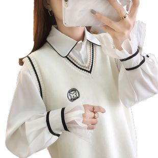 马甲背心外套2025年初秋新款女士V领毛衣春秋学院风白色针织马夹