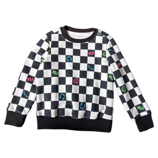中小童卫衣秋冬上新棋盘格蓝白小熊加厚圆领长袖童装卫衣