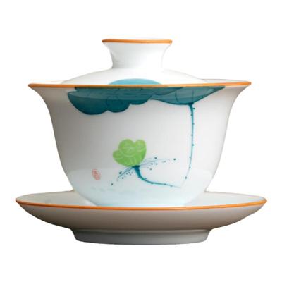 晨翔手绘羊脂玉三才盖碗可悬停