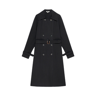 DKNY唐可娜儿风衣外套女黑色长款双排扣翻领收腰上衣时尚高级潮流