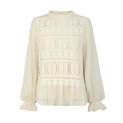 sdeer木耳边圆领钩花网纱套装