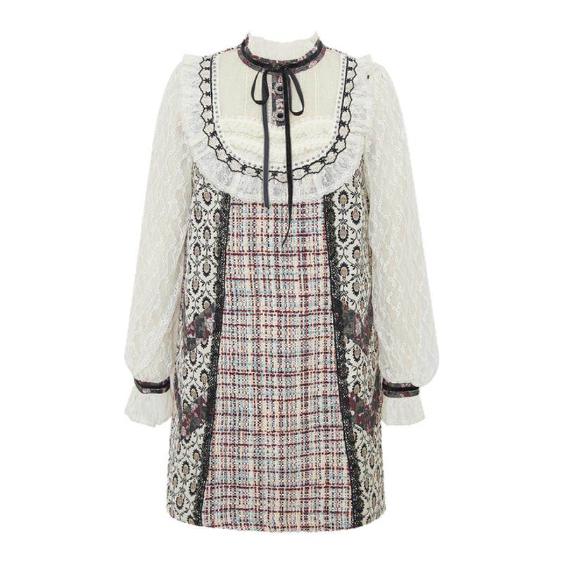 LULUALWAYS【商场同款】法式浪漫圆领拼接蕾丝连衣裙女