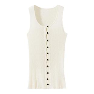 现货【瘦身外挂】细支竹节纱 简约通勤U领坑条修身针织开衫背心女