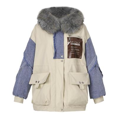 曼德诗牛仔拼接毛领羽绒服