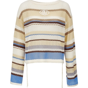 ONLY春季航海系撞色条纹镂空抽绳下摆宽松落肩长袖针织衫上衣女