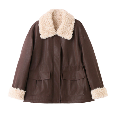 通勤翻领羊羔毛皮衣外套女中长款