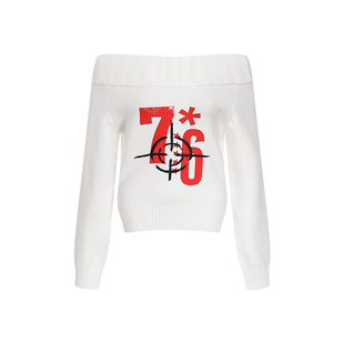 F383 美式复古设计感数字印花一字领针织衫毛衣女休闲百搭上衣ins