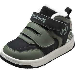 牧童小童板鞋冬季高帮运动鞋男童皮面软底时尚棉鞋加绒保暖女童鞋