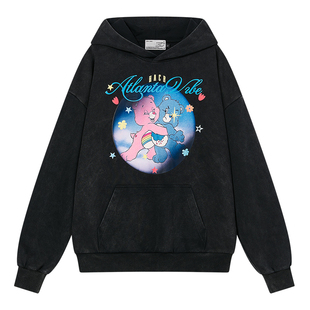 HACR洗水做旧童趣小熊发泡印卫衣 休闲宽松甜酷帽衫