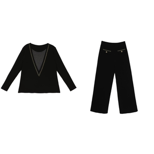 琪琪微微胖大码女装时代新贵风设计假两件拼接针织上衣裤子两件套