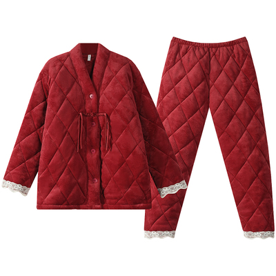 浪莎牛奶绒夹棉睡衣女保暖冬套装