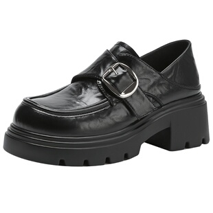 热风厚底乐福鞋女款2025年春季新款时尚英伦风百搭增高褶皱小皮鞋