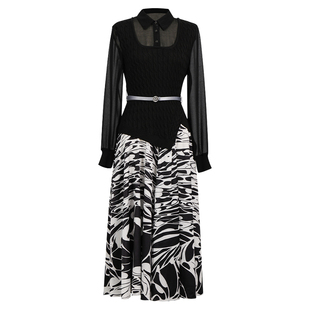 HONRN/红人气质假两件裙子黑白色长袖连衣裙春秋款女HH33OL282