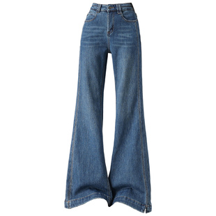 拉夏贝尔美式复古加绒微喇牛仔裤女秋冬新款高腰遮胯阔腿喇叭裤子