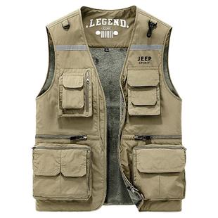 吉普JEEP工装马甲男春秋户外多口袋钓鱼背心男款冬季加绒摄影外套