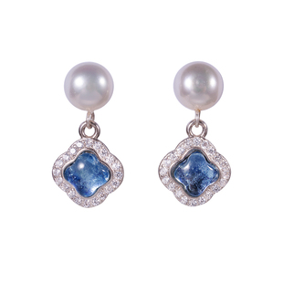 赛赛莉安天然淡水珍珠四叶草海蓝宝S925纯银轻奢气质小众设计耳环