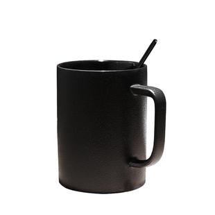 欧式高档陶瓷黑色哑光大容量马克杯子创意简约磨砂咖啡杯带勺水杯