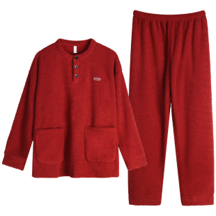 轩靓半边绒情侣睡衣女冬季加绒加厚珊瑚绒红色男士马年家居服套装