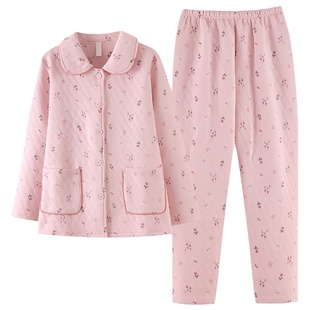 浪莎夹层睡衣女士秋冬季空气纯棉加厚保暖宽松大码家居服冬季套装