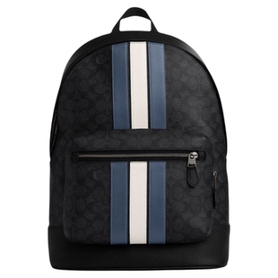 美国直邮Coach蔻驰经典标志VARSITY条纹图案WEST双肩包蓝白条纹