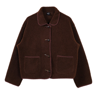 A21女装短款羊羔绒短外套冬季新款简约风翻领牛角扣宽松毛绒外套