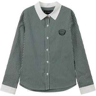 【100%棉】eland kids衣恋童装女童条纹衬衫春秋学院风刺绣翻领