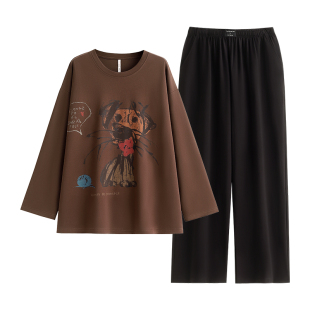 悦内带胸垫睡衣女款春秋秋季纯棉长袖家居服秋冬宽松大码圆领套头