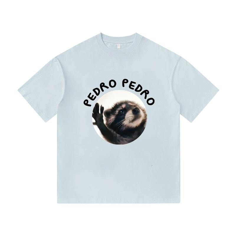 Pedro小浣熊转圈手表情印花情侣短袖休闲纯棉男装T恤半袖百搭上衣