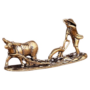纯黄铜小摆件老人牛农夫耕耘茶宠办公桌微景观鱼缸造景装饰工艺品