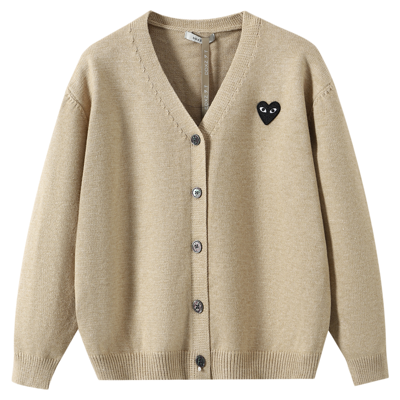 DDXZ夕子 韩系V领爱心设计感毛衣外套复古慵懒宽松学院风针织开衫