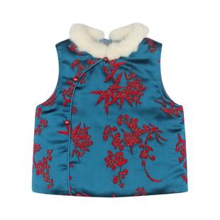 大耳象女童毛领旗袍马甲冬季新款宝儿中式拜年服3M雪丽棉加厚上衣