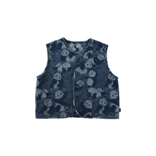 oddtails青少年童装春秋熊猫提花牛仔马甲2026新款中大童大码上衣