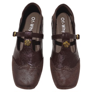 布洛克雕花~山茶花T带玛丽珍鞋女春款平跟方头单鞋复古平底丁字鞋