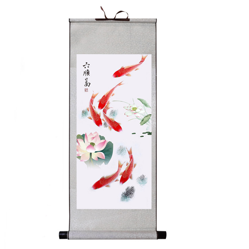 现代新中式玄关装饰画国画走廊挂画六鱼图竖版风水寓意荷花红色鱼