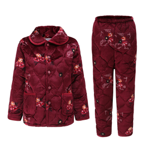 秋冬季夹棉妈妈睡衣女款加绒加厚中老年人法兰绒加大码家居服套装