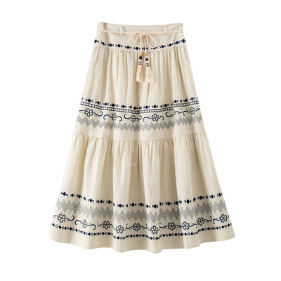 BANANACICI刺绣系带亚麻半身裙