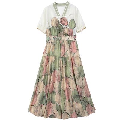 谜底连衣裙短袖女2025夏新品帕斯蒂尔风度假印花X型长裙252ML0611