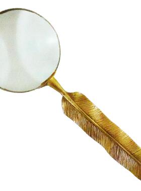 费灵家居复古黄铜印度进口手工工艺品羽毛造型放大镜书房用品摆件