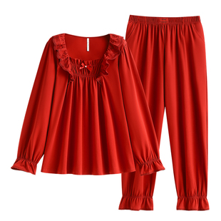 悦内大红色睡衣女春秋季秋款长袖纯棉家居服本命年马年新年圣诞节