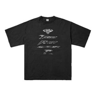 PMW 何与同款复古水洗做旧破洞破坏蜡染T恤LOGO短袖OVERSIZE