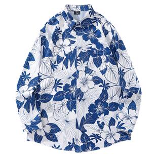 From Mars朴实无华 潮牌复古花卉满印长袖衬衫夏威夷沙滩宽松衬衣