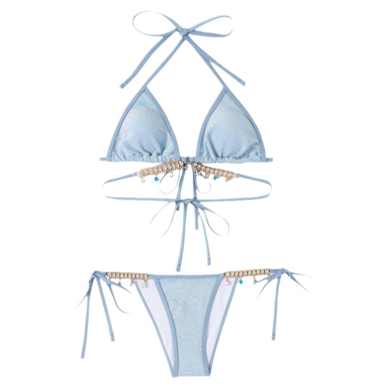 泳衣女人鱼钻链欧美纯欲风绑带三角比基尼三点式ins 性感度假泳装